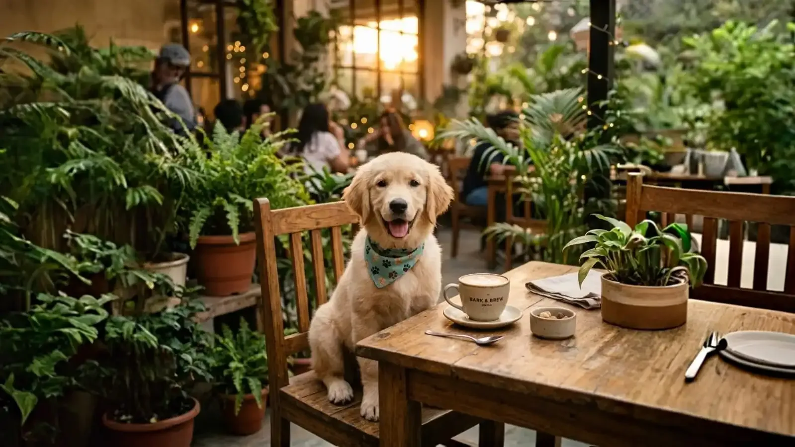 A happy golden retriever puppy sitting in a pet-friendly café in Noida